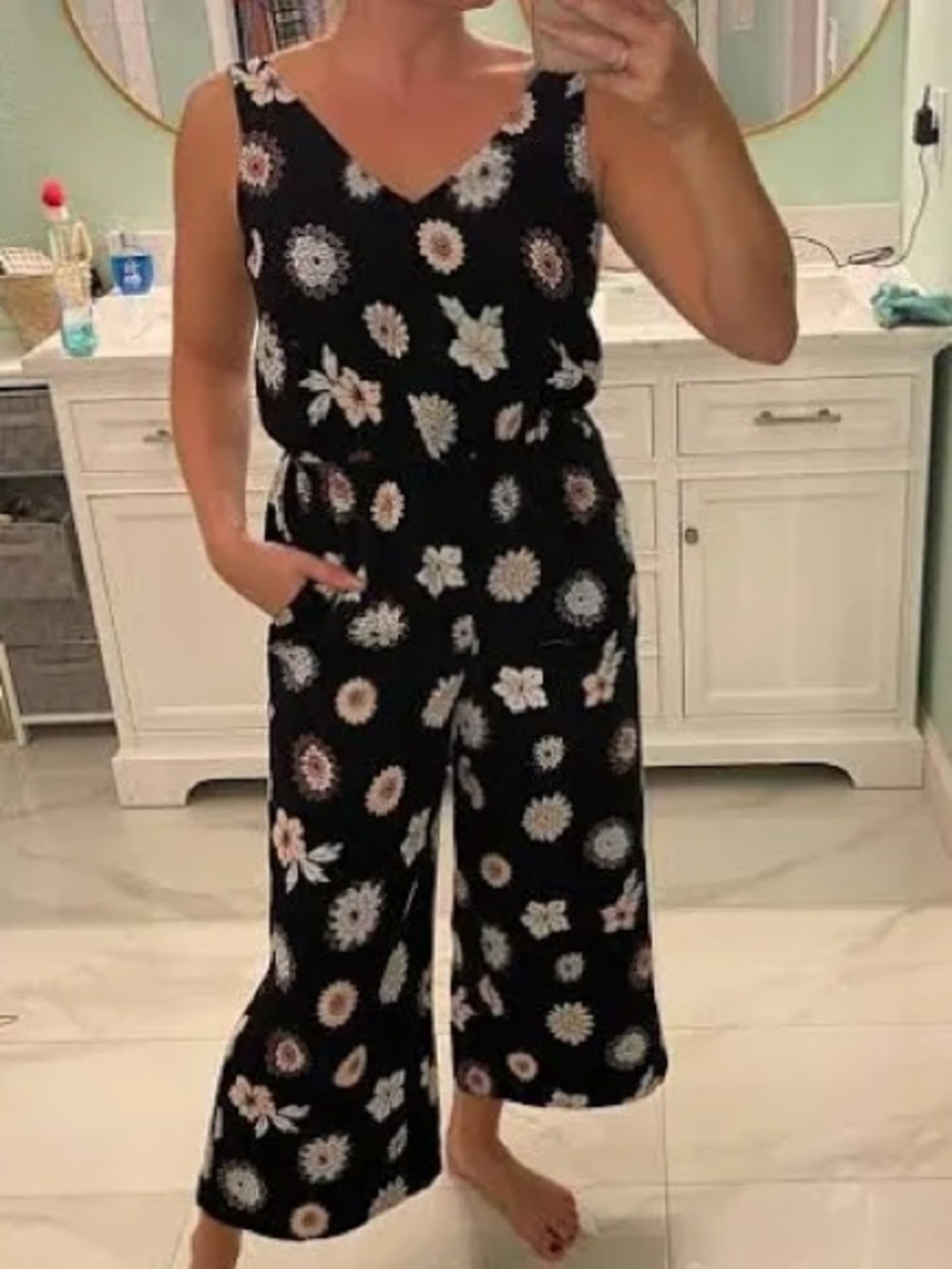 LOFT Black Floral V-Neck Wide-Leg Jumpsuit - Picture 3 of 4